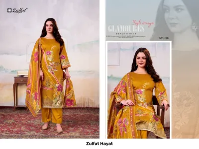 Zulfat Hayat design 4 of 6 — Pure Jam Cotton Semi Stitched Suits with print, handwork by Zulfat Designer Suits, wholesale Surat