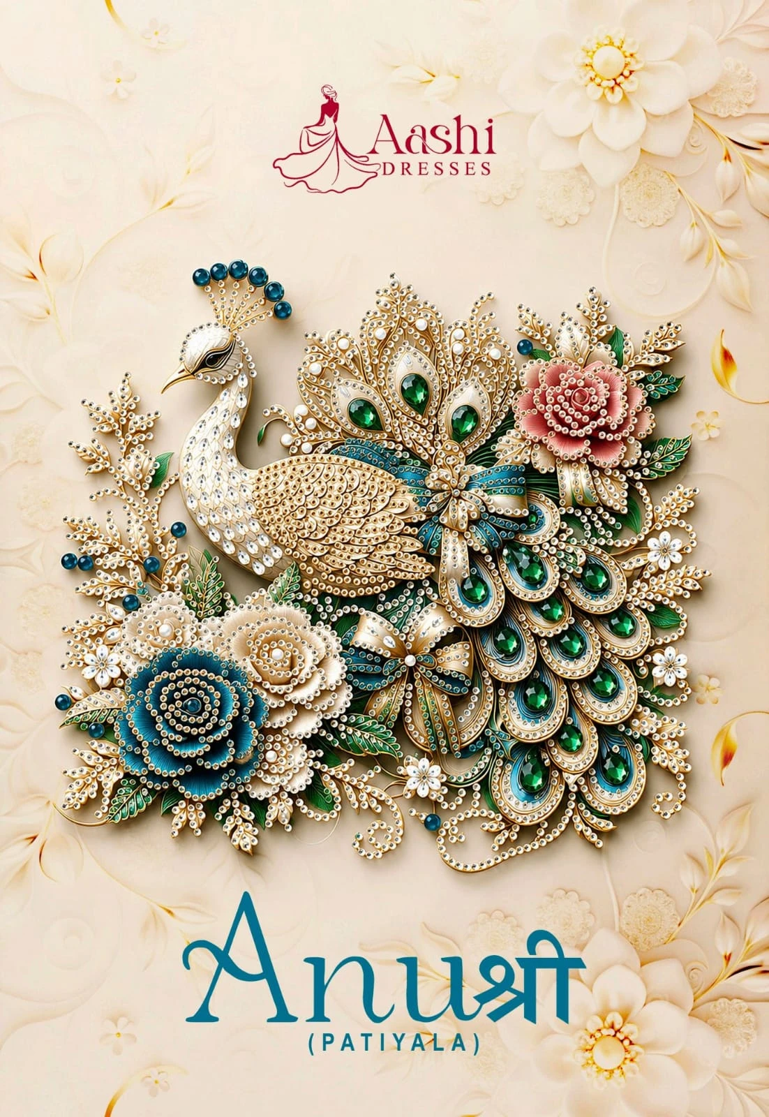 Aashi Anushree Patiyala catalog cover featuring a decorative peacock and floral design.