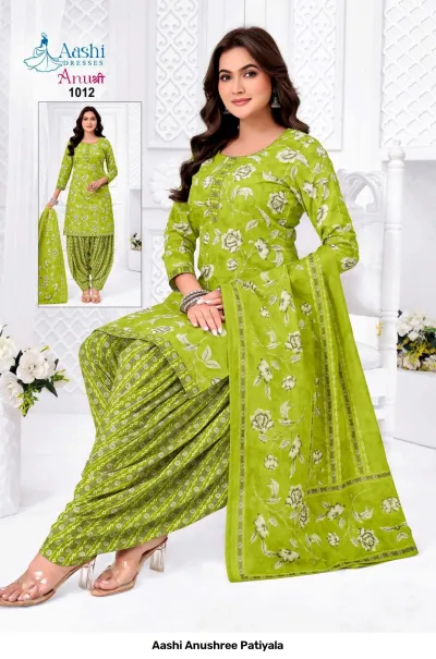 Aashi Anushree Patiyala light green and white floral printed salwar suit with geometric patiala pants.