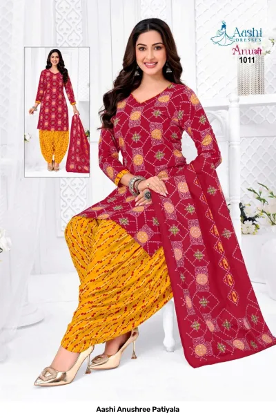 Aashi Anushree Patiyala maroon and yellow printed salwar suit with geometric patterned kurti.