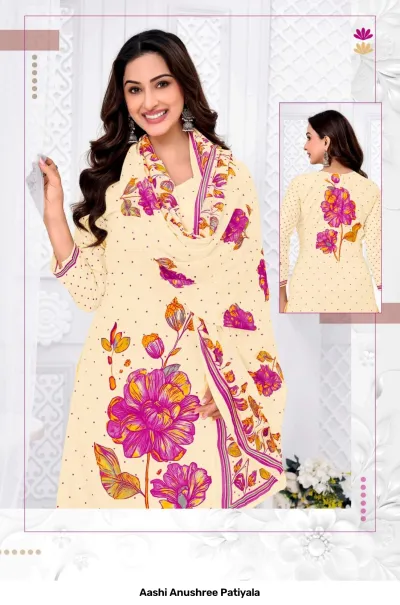 Aashi Anushree Patiyala magenta and beige floral printed salwar suit with polka dot patiala pants.