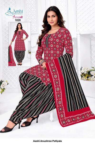 Aashi Anushree Patiyala red and black printed salwar suit with patterned kurti and dupatta.