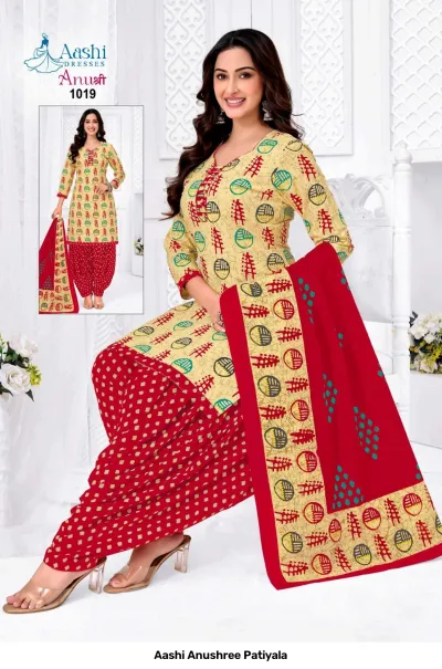 Aashi Anushree Patiyala beige and red printed salwar suit with geometric kurti patterns.