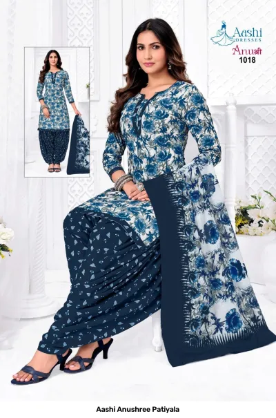 Aashi Anushree Patiyala blue and white floral printed salwar suit with plain dupatta border.