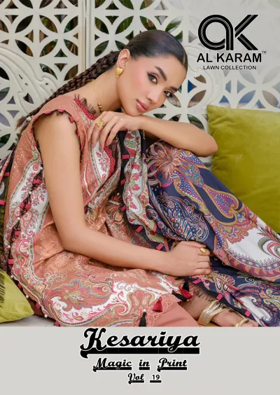 Al Karam Kesariya Vol 19 catalog cover image displaying a model wearing a peach and dark blue printed salwar suit with embellished hem details.