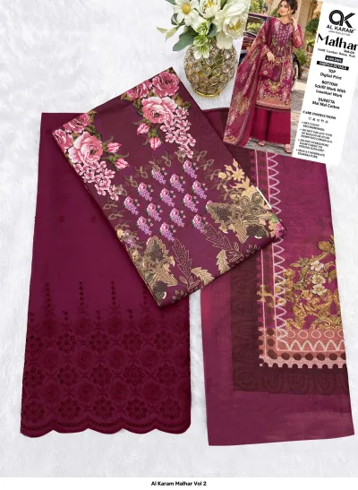 Al Karam Malhar Vol 2: Flat lay of deep pink floral salwar suit fabric, digital print top, schifli bottom work, and printed dupatta.