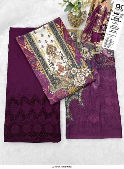 Al Karam Malhar Vol 2: Flat lay of purple salwar suit fabric, digital print top, schifli bottom work, and printed dupatta.