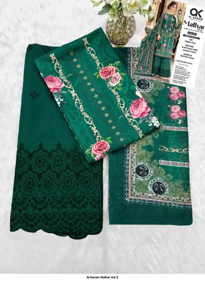 Al Karam Malhar Vol 2: Flat lay of dark green floral salwar suit fabric, digital print top, schifli bottom work, and printed dupatta.