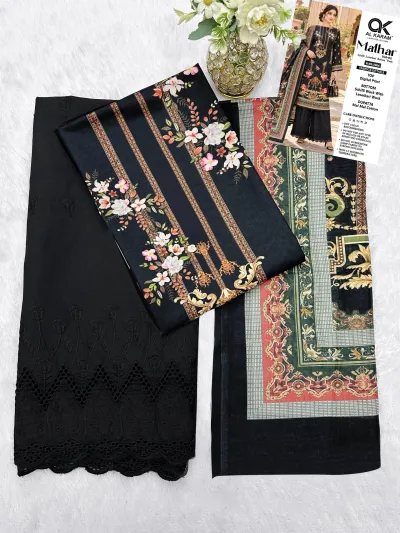 Al Karam Malhar Vol 2: Flat lay of black floral salwar suit fabric, digital print top, schifli bottom work, and printed dupatta.