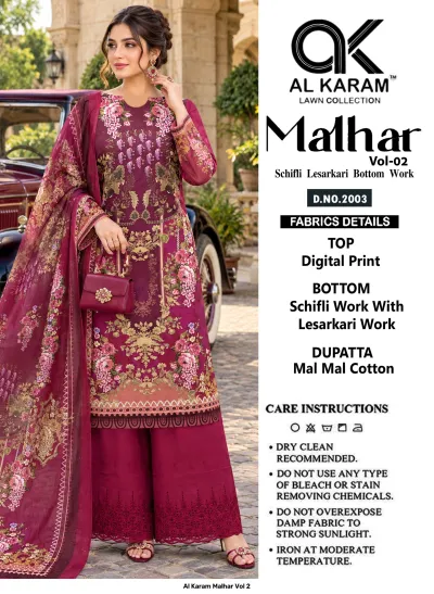 Al Karam Malhar Vol 2: Model wearing deep pink floral printed salwar suit, digital print top, schifli bottom work, and printed dupatta.