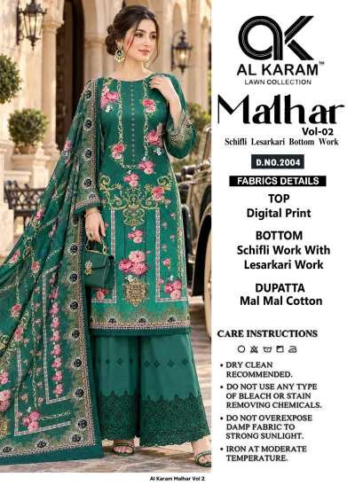 Al Karam Malhar Vol 2: Model wearing dark green floral printed salwar suit, digital print top, schifli bottom work, and printed dupatta.