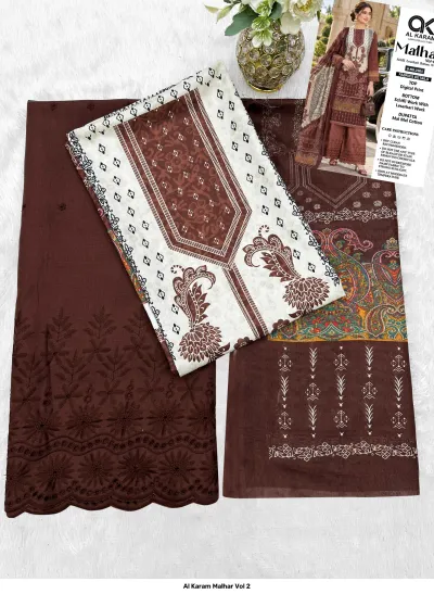 Al Karam Malhar Vol 2: Flat lay of brown salwar suit fabric, digital print top, schifli bottom work, and printed dupatta.