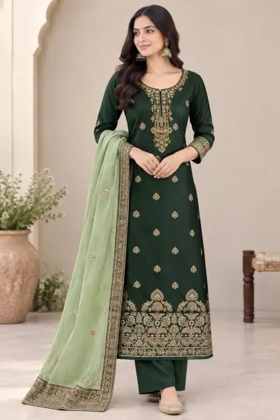 Alisa Sahir Satin Georgette Colorful salwar suit in dark green with floral thread work, zari embroidery, and matching dupatta.