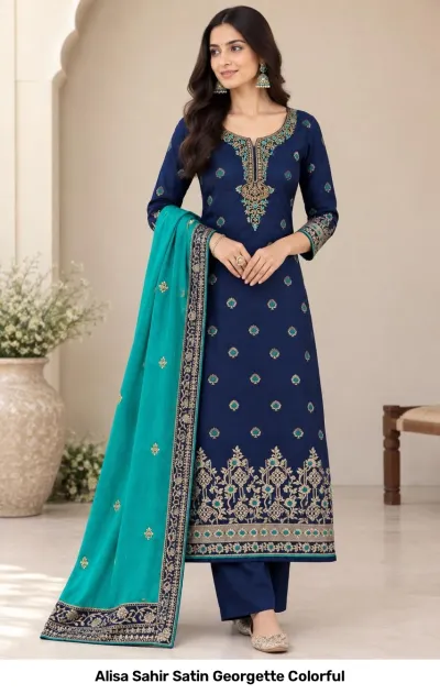 Alisa Sahir Satin Georgette Colorful salwar suit in navy blue with floral thread work, zari embroidery, and matching dupatta.