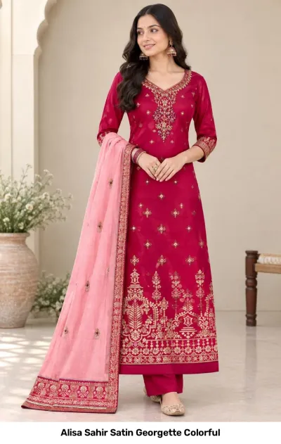Alisa Sahir Satin Georgette Colorful salwar suit in magenta with floral thread work, zari embroidery, and matching dupatta.
