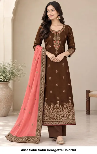 Alisa Sahir Satin Georgette Colorful salwar suit in brown with floral thread work, zari embroidery, and matching dupatta.