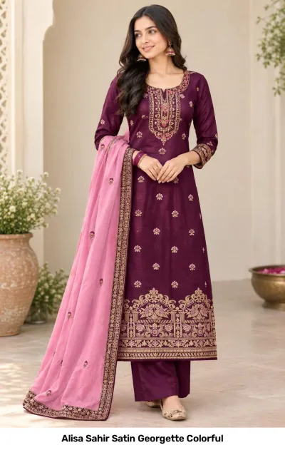 Alisa Sahir Satin Georgette Colorful salwar suit in purple with floral thread work, zari embroidery, and matching dupatta.