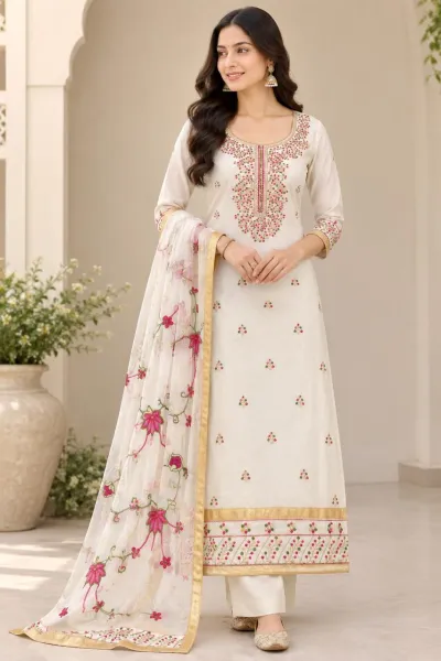 Alisa Sahir Satin Georgette Colorful salwar suit in cream with floral thread work, zari embroidery, and matching dupatta.