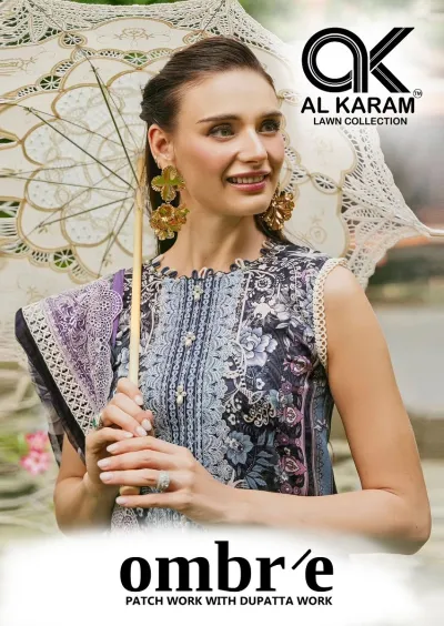 Alkaram Ombre catalog cover featuring a model in a floral printed salwar suit with lace detailing holding an umbrella.