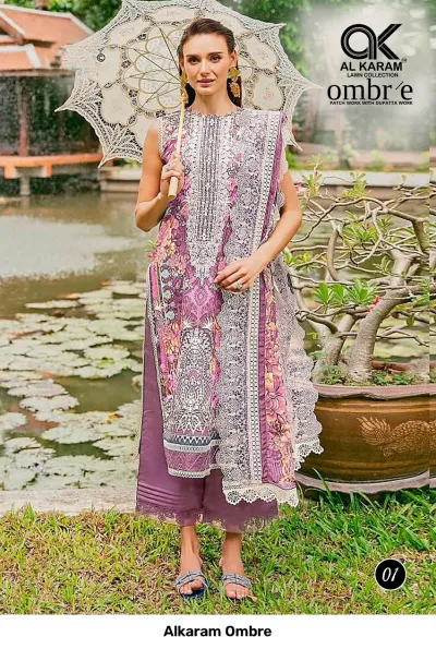 Alkaram Ombre, purple salwar suit with floral print, white lace-trimmed dupatta, and embroidered patch work on the neckline.