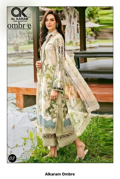 Alkaram Ombre, beige salwar suit with floral print, sheer dupatta, and decorative hem embroidery.