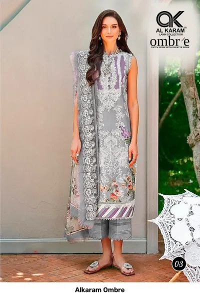 Alkaram Ombre, grey salwar suit with floral print, intricate lace trim on the dupatta, and detailed hem work.