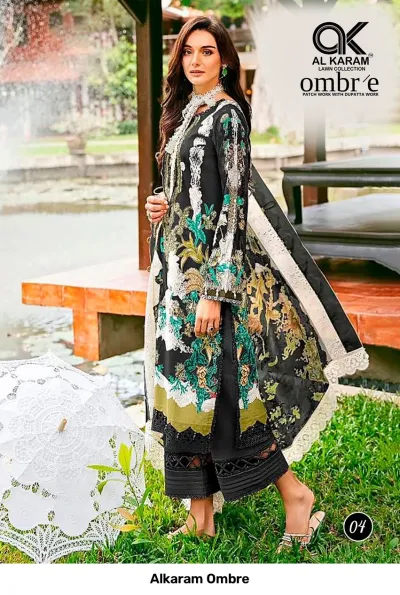Alkaram Ombre, black salwar suit with vibrant floral print, elaborate lace dupatta, and embroidered neckline details.