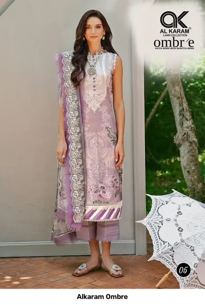 Alkaram Ombre, lilac salwar suit with delicate floral print, matching wide-leg trousers, and a white lace-trimmed dupatta.