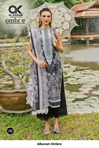 Alkaram Ombre, black and purple salwar suit with floral pattern, lace-trimmed dupatta, and detailed neckline embroidery.