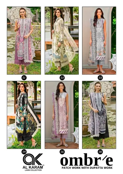 Alkaram Ombre catalog collage showing six different models wearing various floral printed salwar suits with matching lace-trimmed dupattas.