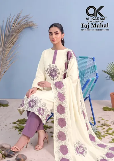 Alkaram Taj Mahal: Cream salwar suit with purple rose embroidery, matching pants, and dupatta, featuring self-thread work on the neckline and hem.
