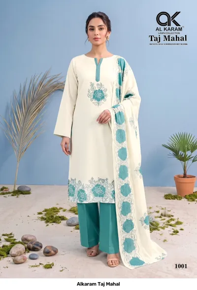 Alkaram Taj Mahal 1001: Cream salwar suit with teal rose embroidery, solid teal pants, and a matching floral-embroidered dupatta.