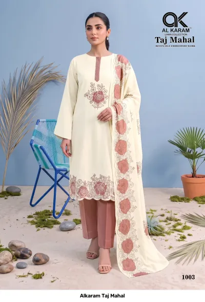 Alkaram Taj Mahal 1003: Cream salwar suit with dusty pink rose embroidery, solid dusty pink pants, and a matching floral-embroidered dupatta.