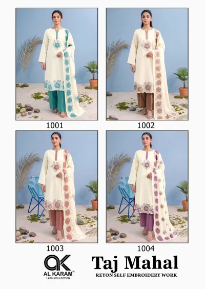 Alkaram Taj Mahal: Catalog cover displaying four variations of a cream salwar suit featuring colored rose embroidery and matching bottoms.