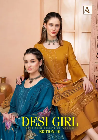 Alok Suit Desi Girl Edition 10: Catalog cover featuring two women wearing mustard and teal salwar suits with thread work and floral prints.