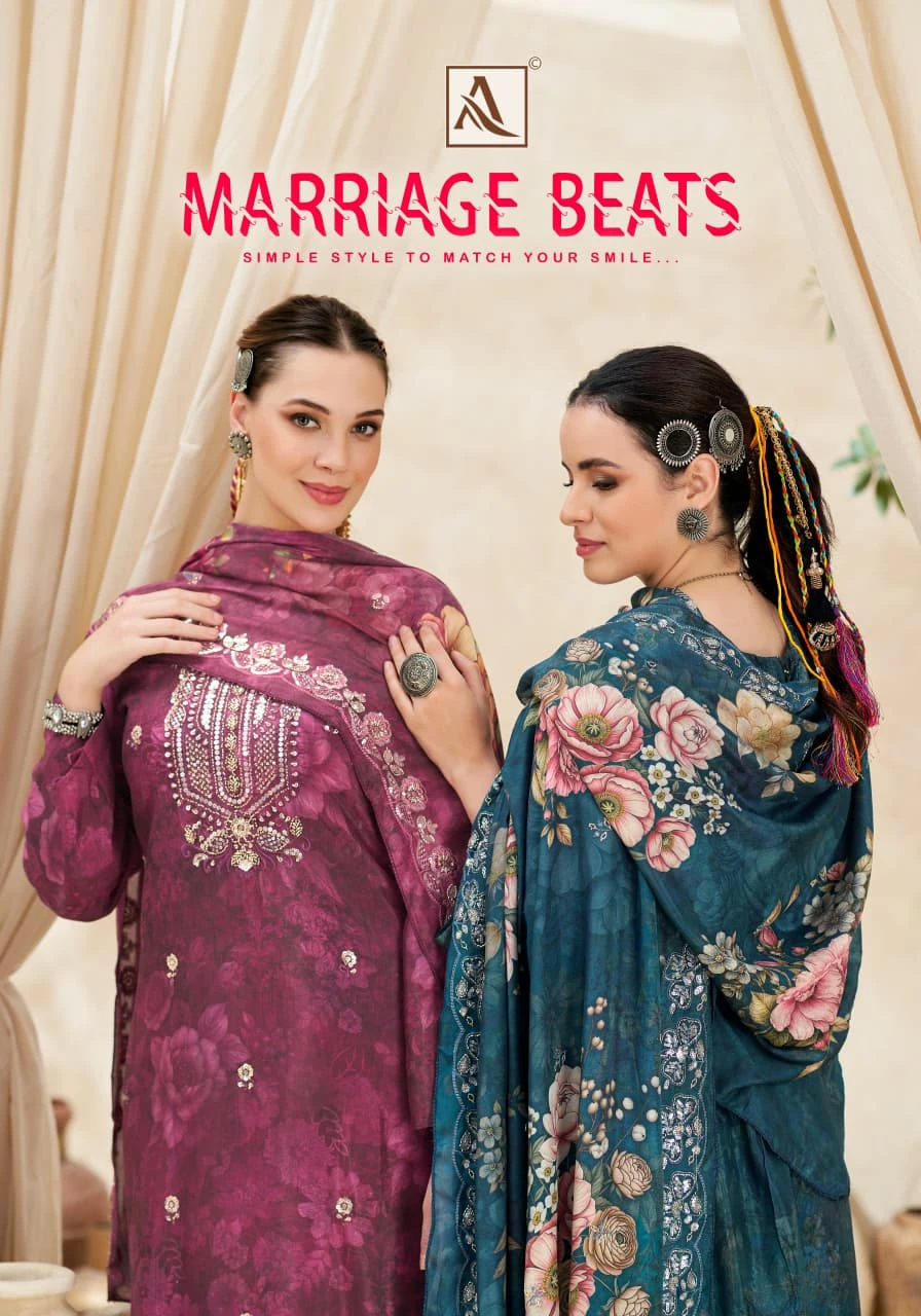 Alok Suit Marriage Beats: A catalog cover featuring two models in purple and teal floral printed salwar suits with intricate embroidery and dupatta.
