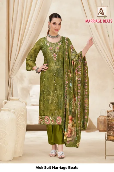 Alok Suit Marriage Beats: Olive green salwar suit with floral print, embroidery at the neckline, and matching printed dupatta with embellishments.