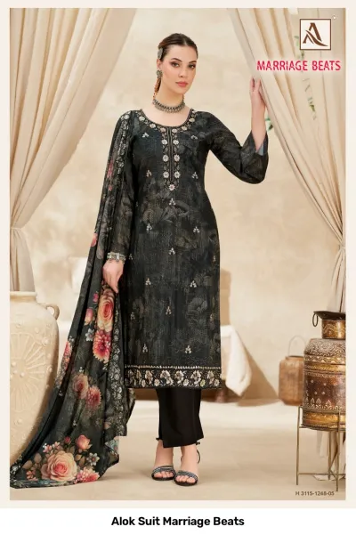 Alok Suit Marriage Beats H 3115-1248-05: Black floral printed salwar suit with detailed neckline embroidery and a matching floral printed dupatta.
