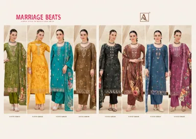 Alok Suit Marriage Beats: A catalog collage displaying eight different color variants of floral printed salwar suits with embroidery.