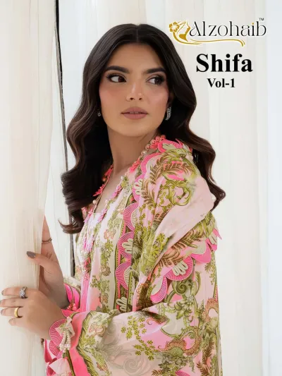 Alzohaib Shifa Vol 1, woman wearing a light pink floral printed kurti with embroidery, decorative sleeve accents, and beads.
