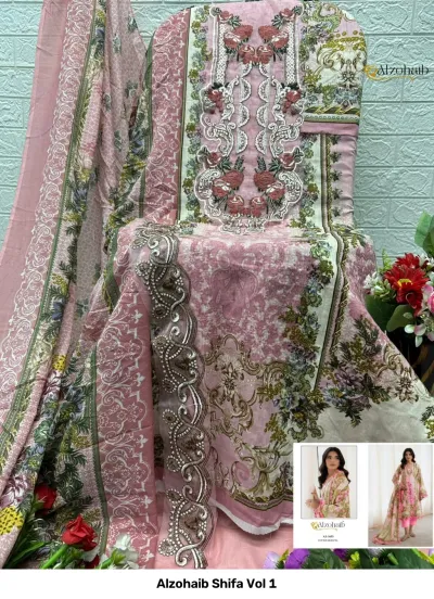 Alzohaib Shifa Vol 1, pink floral printed dress material set with embroidery and decorative dupatta border.