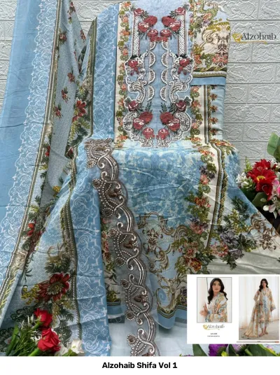 Alzohaib Shifa Vol 1, light blue floral printed dress material set featuring intricate embroidery and a scalloped dupatta border.