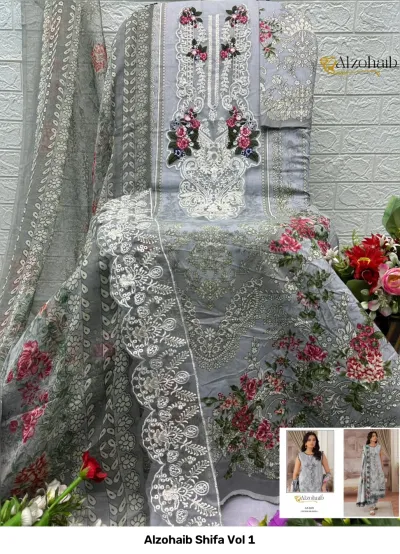Alzohaib Shifa Vol 1, grey floral printed dress material set with embroidery, thread work, and a scalloped dupatta border.