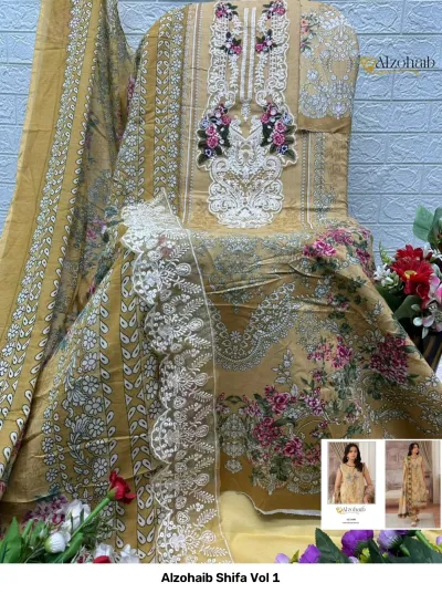 Alzohaib Shifa Vol 1, mustard yellow floral printed dress material set with embroidery, thread work, and a scalloped dupatta border.