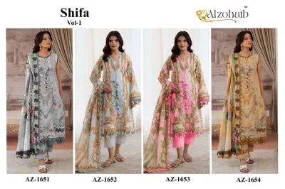 Alzohaib Shifa Vol 1, catalog collage showing four distinct floral printed salwar suits with embroidery and dupattas.
