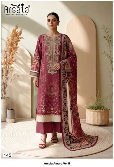 Arsala Amara Vol 5: Maroon cotton salwar suit featuring intricate thread work on the neckline, printed motifs, and a matching printed dupatta.