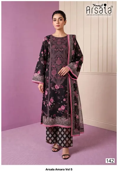 Arsala Amara Vol 5: Black cotton salwar suit with pink floral patterns, geometric print palazzo, and thread work detailing on the bodice.