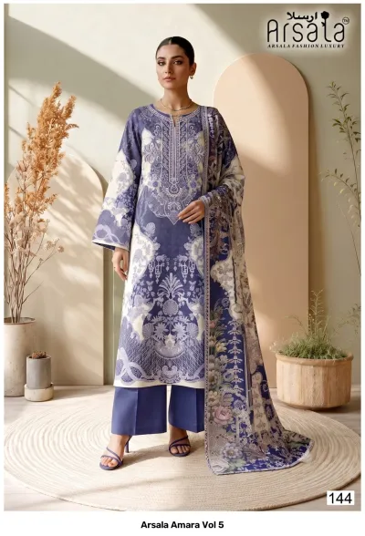 Arsala Amara Vol 5: Blue cotton salwar suit with white decorative patterns, thread work neckline, and a coordinating printed dupatta.
