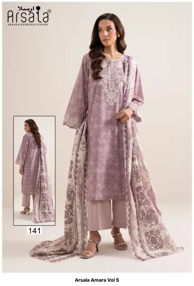 Arsala Amara Vol 5: Mauve cotton salwar suit with white geometric patterns, thread work on the front panel, and a printed matching dupatta.