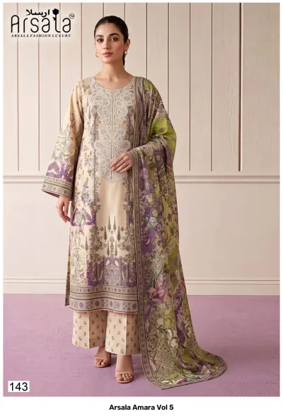 Arsala Amara Vol 5: Beige cotton salwar suit with green and purple floral print, thread work on the neck, and a matching dupatta.